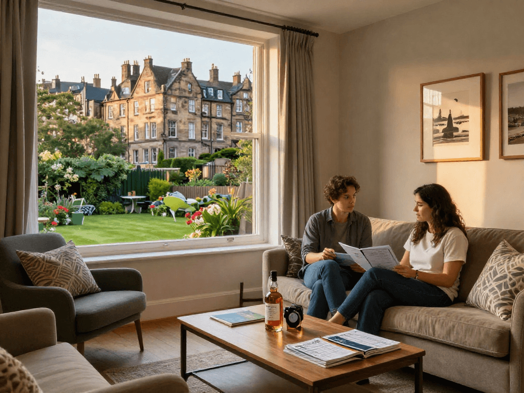 Charming setting for short term lets edinburgh, featuring a stylish living room and garden, inviting atmosphere for guests.