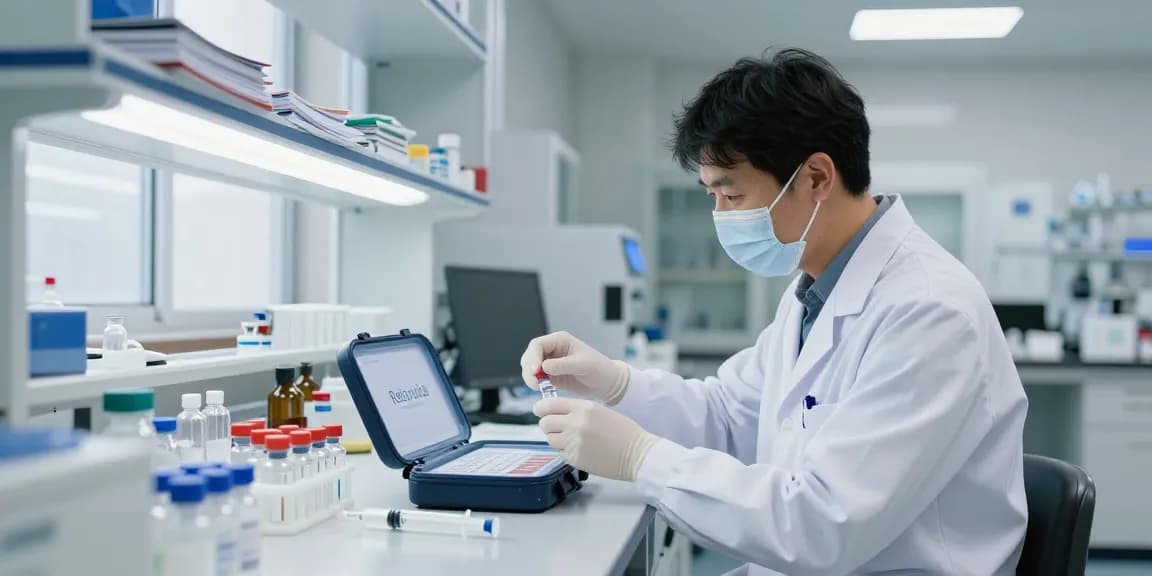 Buy Retatrutide research kits in a modern lab with scientists preparing vials and sterile equipment, emphasizing quality and integrity.