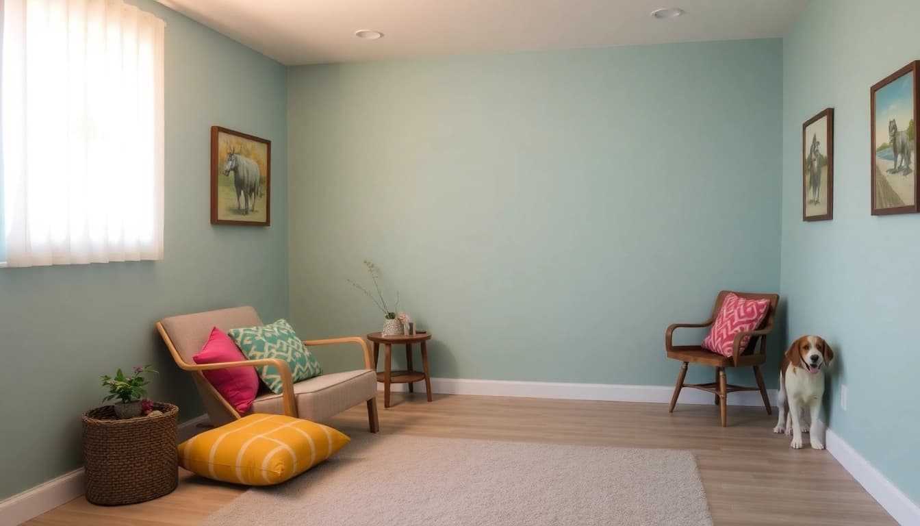 Engaging in depression treatment within a comforting therapy room, highlighted by a therapy dog's presence.