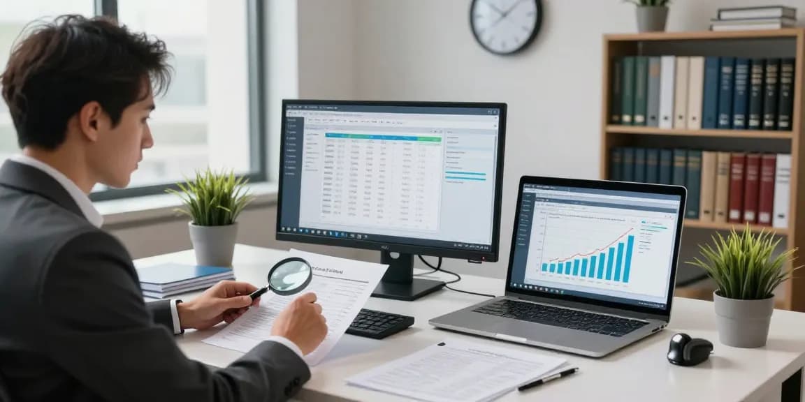 Forensic auditing work at aafikotasurabaya.org, showcasing a detailed analysis of financial documents in a professional workspace.