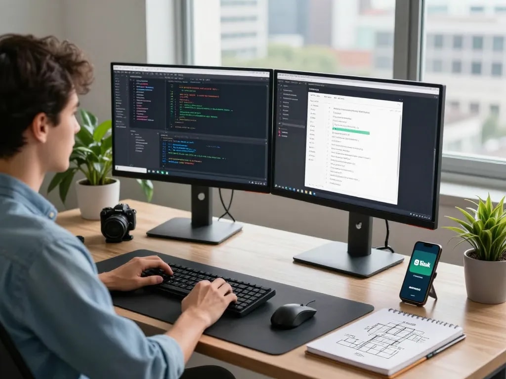 open claw software development workspace with dual monitors and coding elements