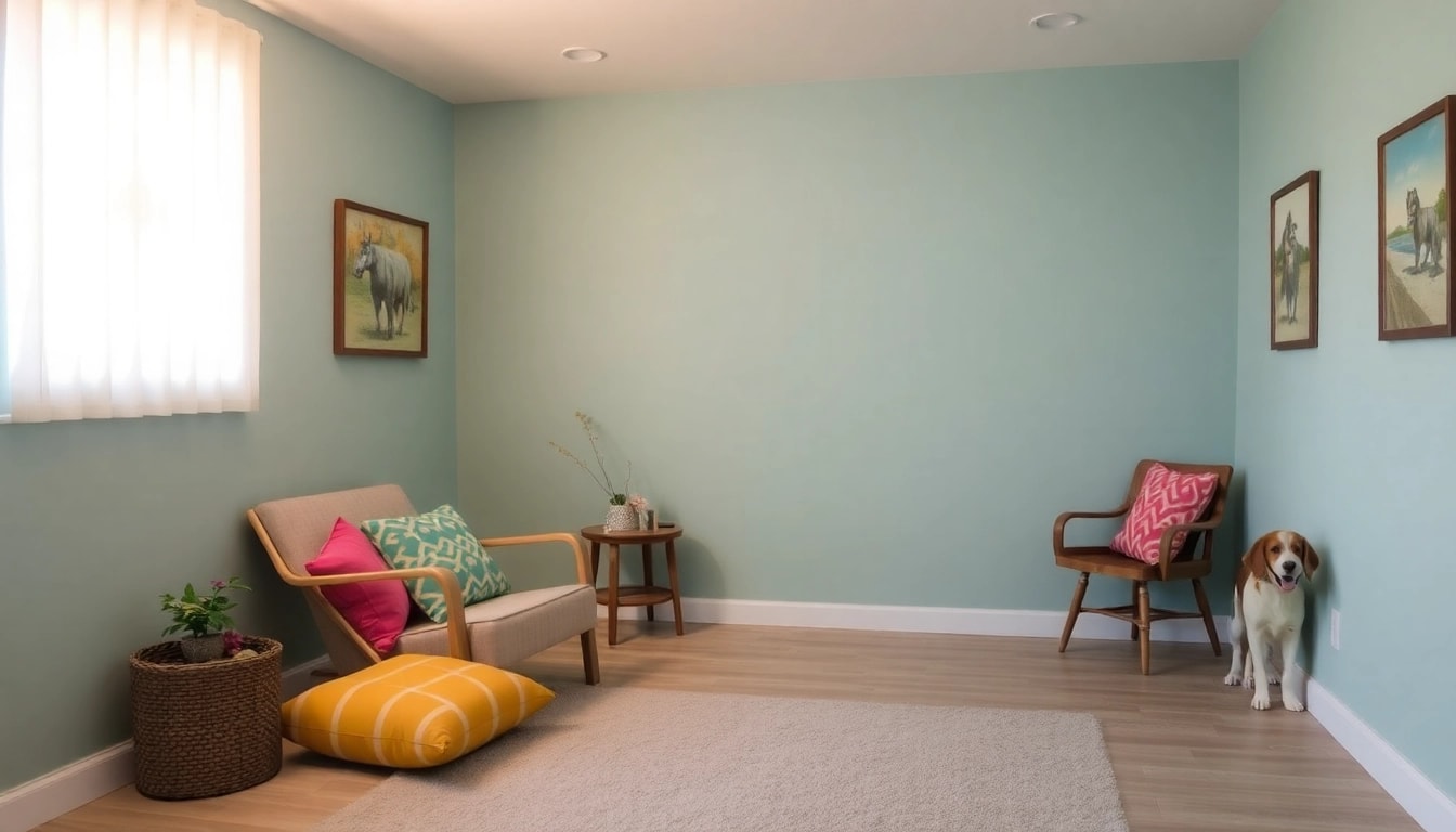 Engaging in depression treatment within a comforting therapy room, highlighted by a therapy dog's presence.
