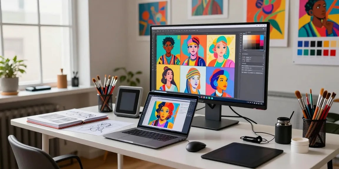 Designer using image to prompt generator tool in a creative digital art studio with colorful artwork displayed.