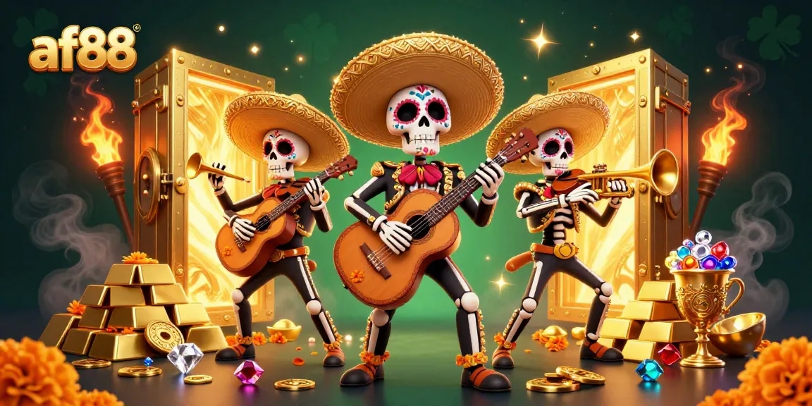 Experience the vibrant af88 world with the Dia de los Muertos mariachi band amidst overflowing treasure and jewels.