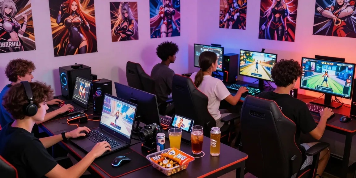 Group enjoying exciting hentai games on various devices in a cozy gaming setup.