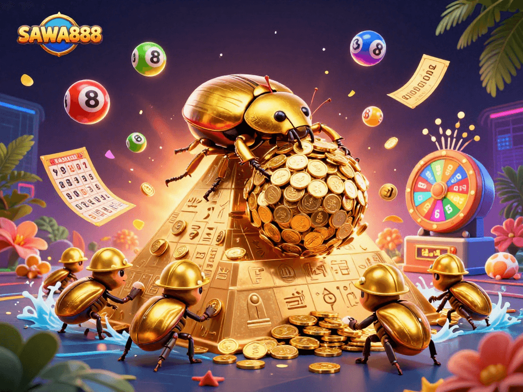 Experience the excitement of SAWA888 with golden beetles rolling coins and vibrant casino symbols.