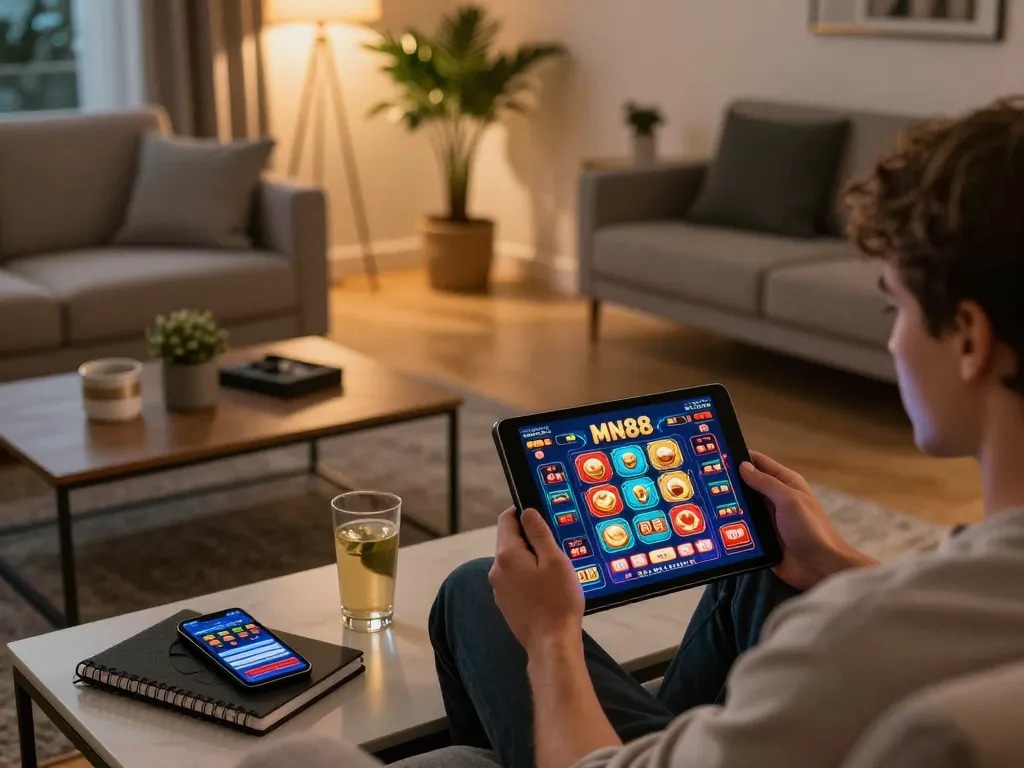 Engaging in online gaming with MN88 on a tablet in a cozy modern living room, emphasizing a relaxed gambling experience.