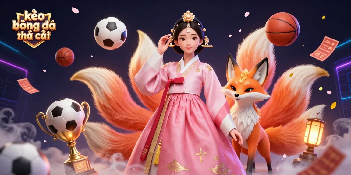 Engage in kèo bóng đá nhà cái with a dynamic sports betting scene featuring an Asian woman and lucky fox.