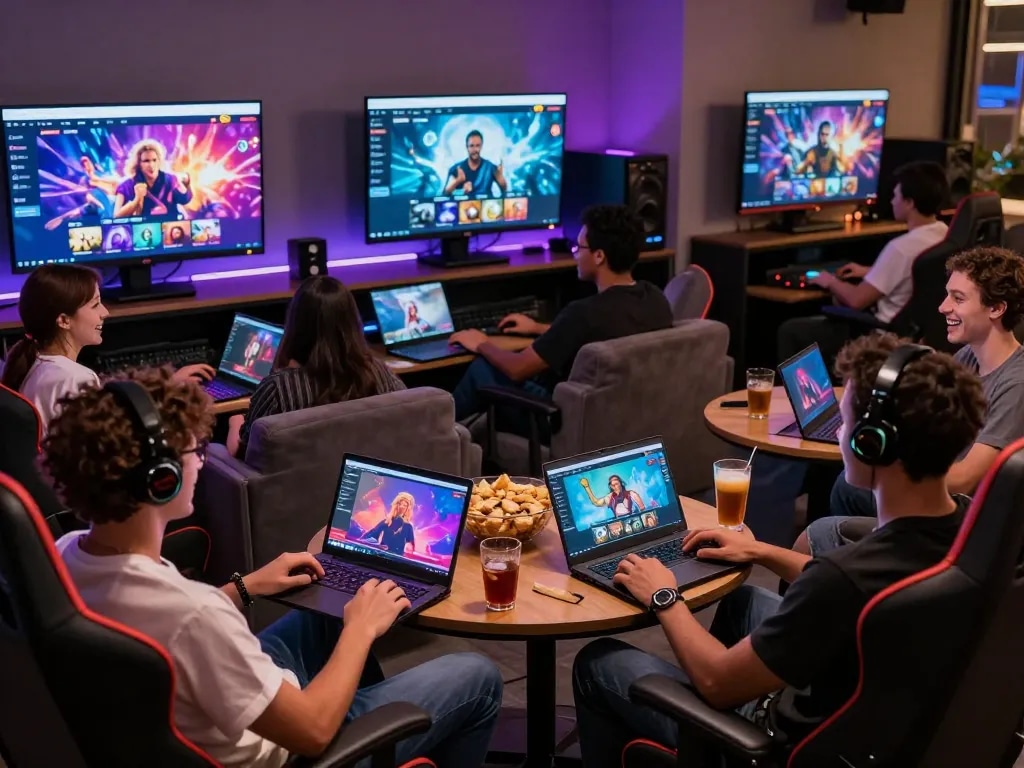 Group of gamers enjoying various porngames in a cozy modern lounge.