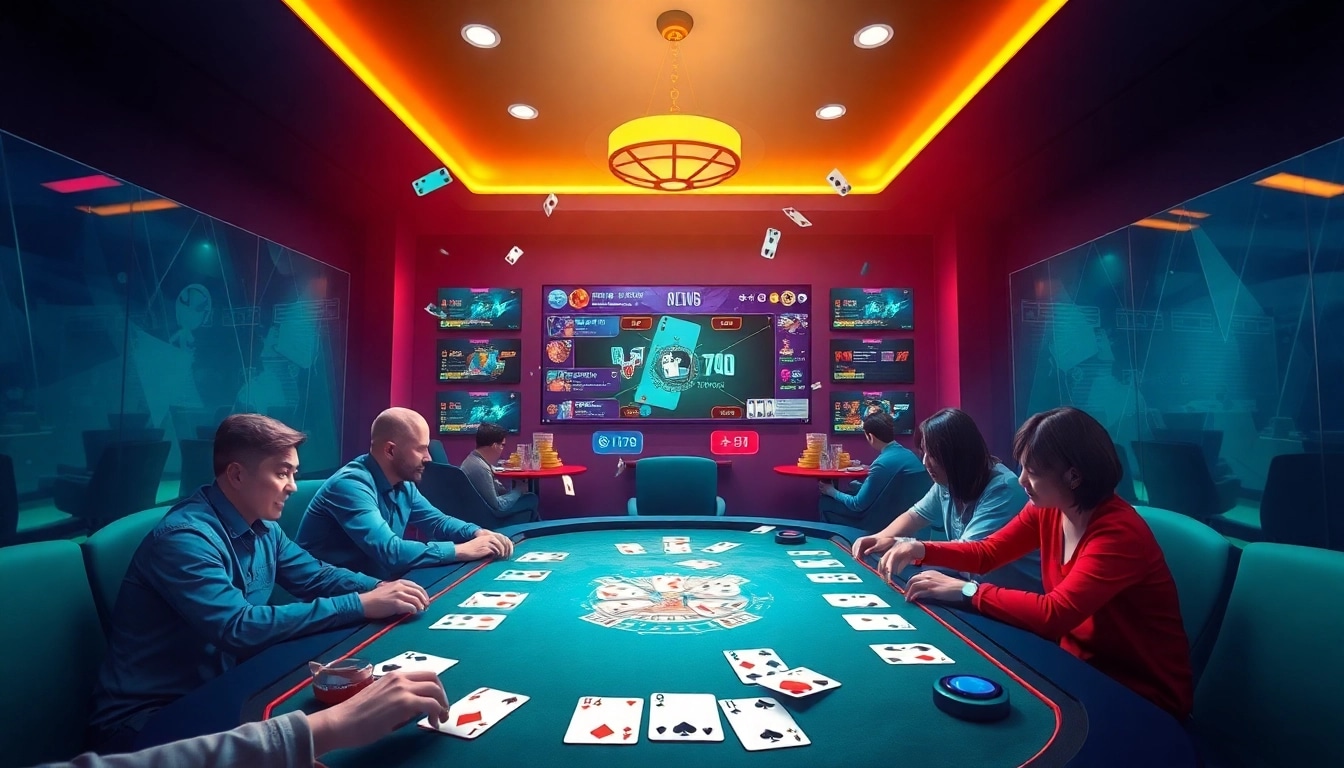 Exciting online gaming scene at gamebaidoithuong.com.vc featuring card games like Tiến Lên and Tài Xỉu with dynamic animations.