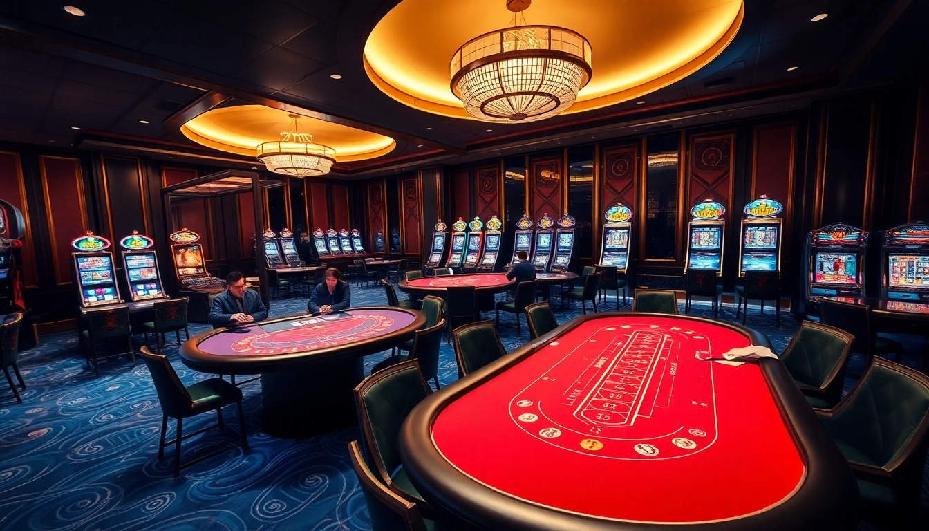 Experience the luxury of online gaming at w88.nyc with Baccarat and Blackjack tables in a modern casino setting.