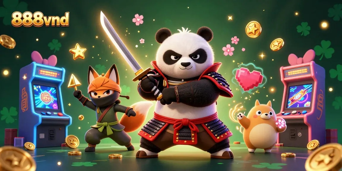 Engage in thrilling gaming with 888vnd's dynamic casino atmosphere featuring a samurai panda, ninja fox, and magical tanuki.