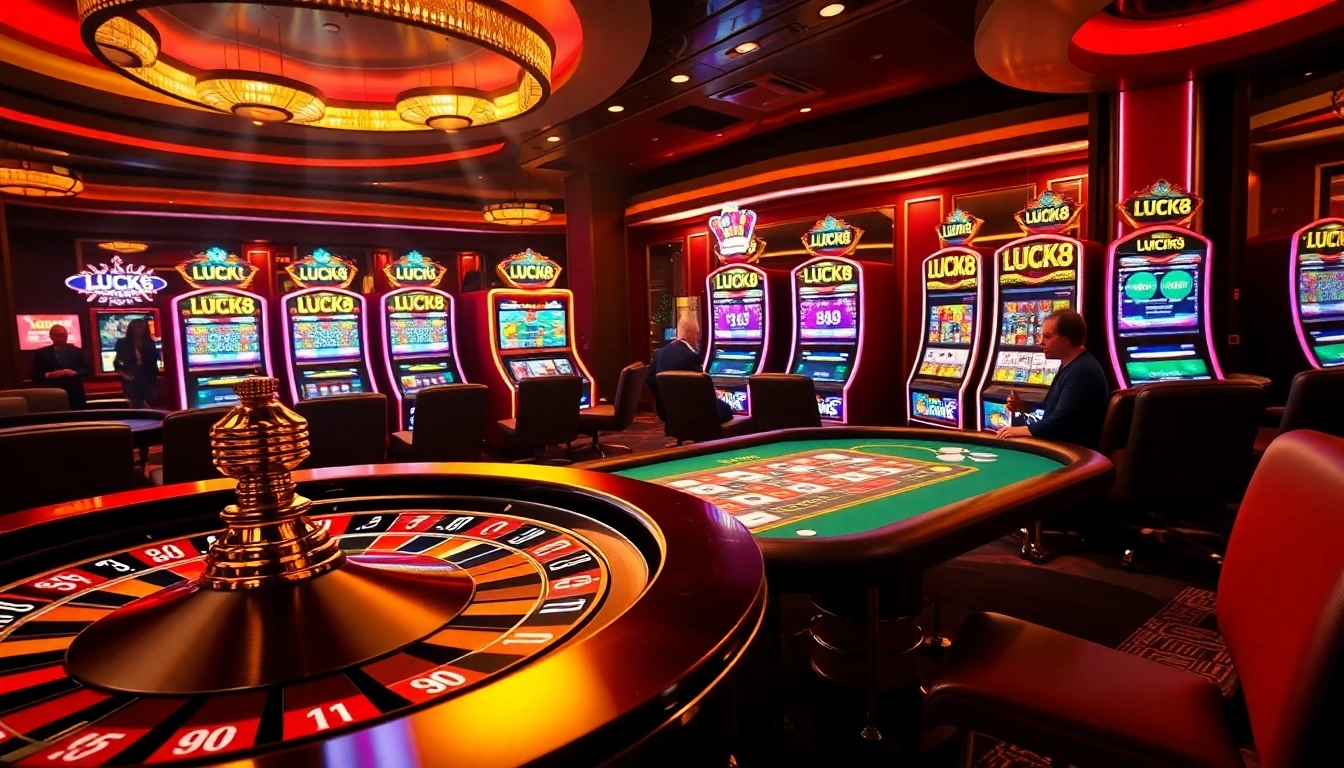 LUCK8 casino scene showcasing vibrant slot machines and players at the poker table.