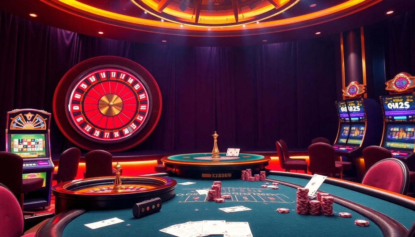 Exciting casino scene showcasing nhà cái xx88 with roulette wheel, poker chips, and slot machines