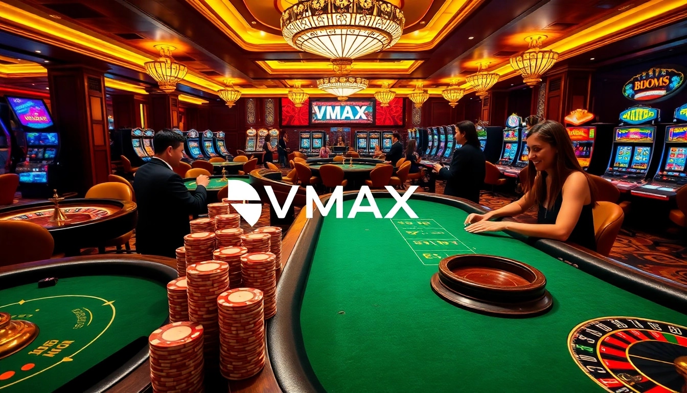 Experience VMAX's vibrant casino atmosphere with players enjoying dynamic games at elegant tables.