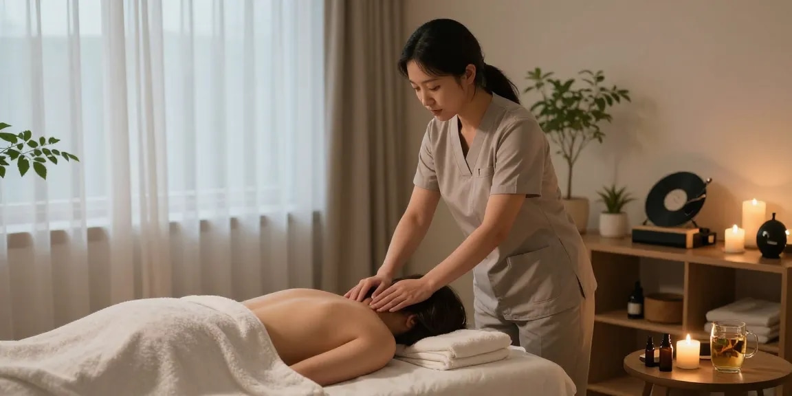 김포출장마사지 session in a peaceful home massage environment with soothing decor and warm lighting.