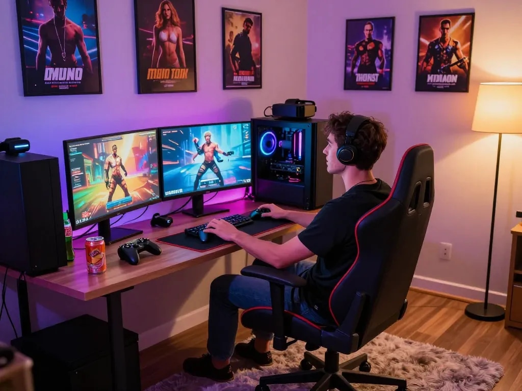 Playing real porn games on diverse gaming setup with vibrant lighting.