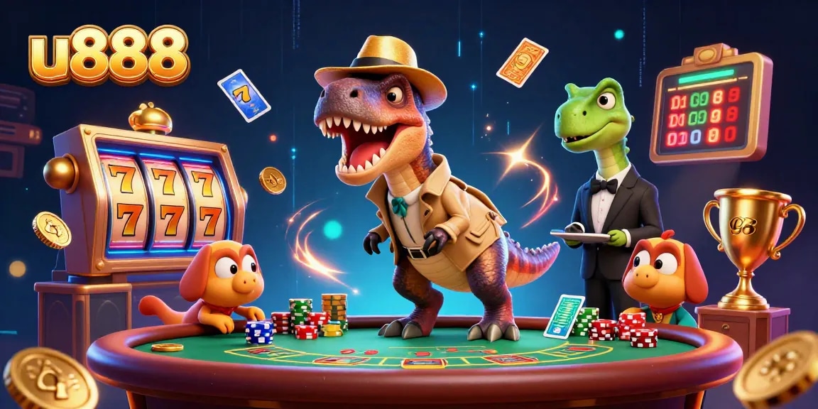 Engaging scene of u888 gaming dynamics featuring a velociraptor card counter amidst slot reels and casino elements.