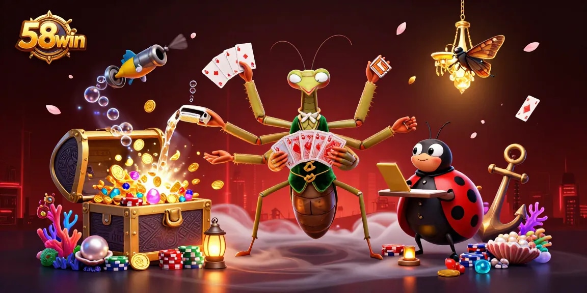 Experience the thrill of 58win gambling with vibrant casino characters playing cards and celebrating wins.