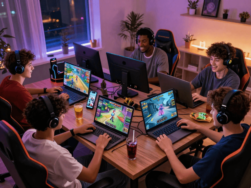 Gamers enjoying immersive porn games on multiple devices in a vibrant room.