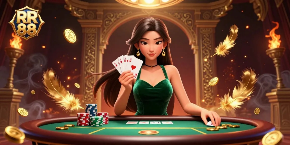 Experience high-stakes poker at RR 88 with a vibrant casino scene featuring an Asian woman and glowing elements.