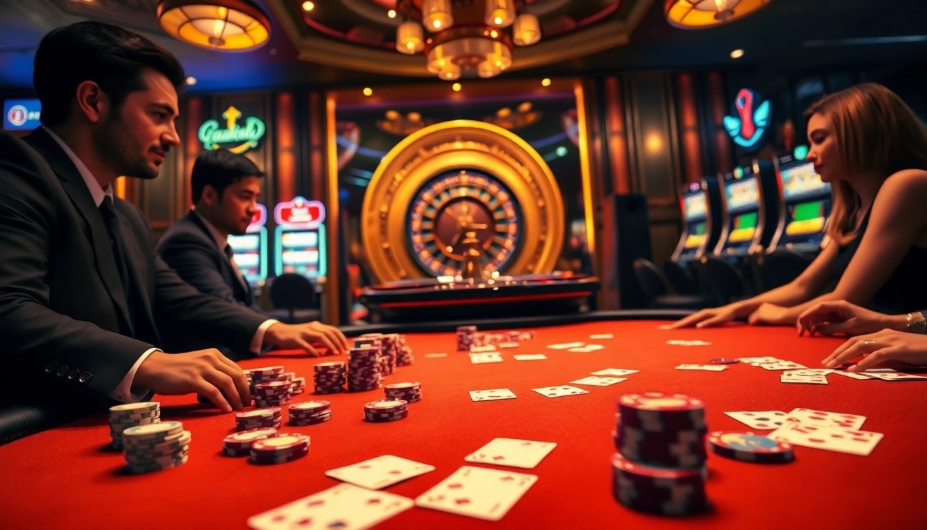 Experience high-stakes poker at http://fabet0.com/, highlighting chips and cards in a luxurious casino setting.