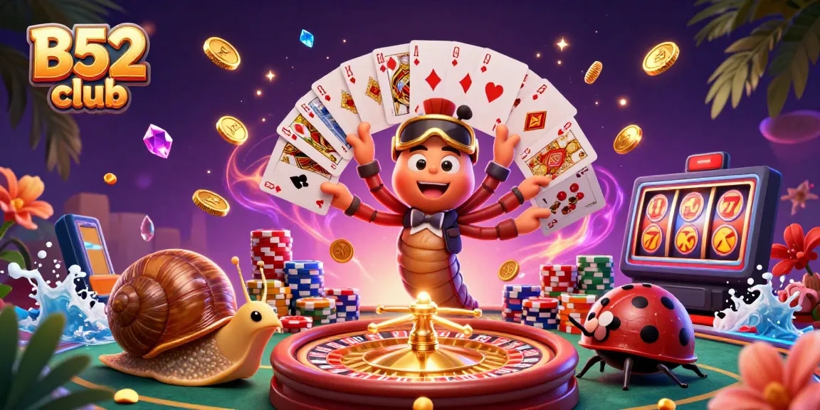 Win big at B52 club with dynamic 3D casino action featuring a cartoon millipede dealer and thrilling game elements.