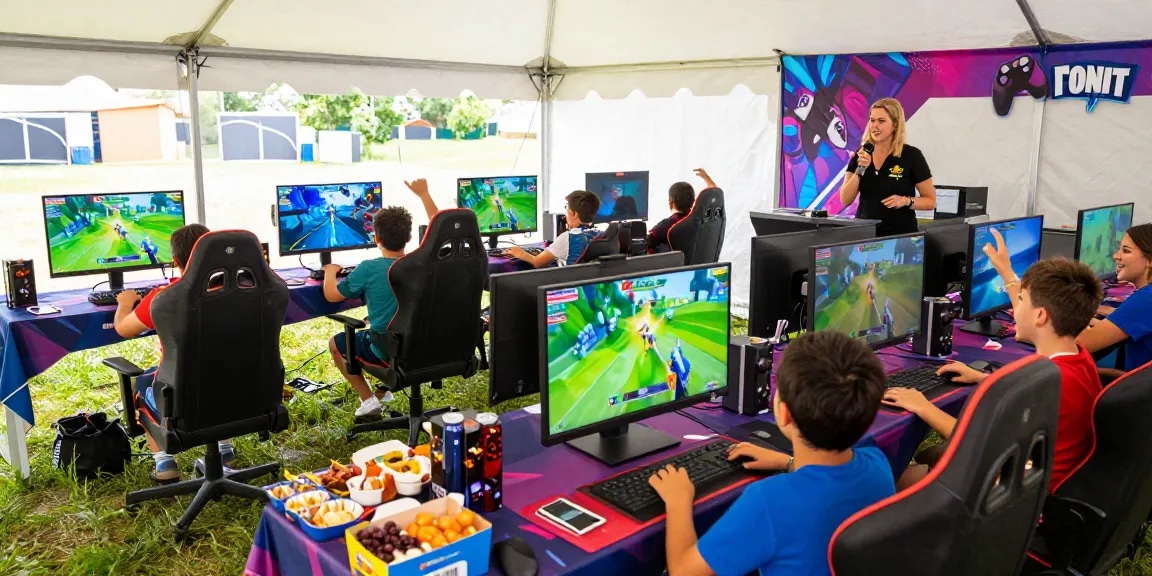 Gaming party London atmosphere with kids competing in Fortnite under a vibrant tent, professional host guiding the excitement.
