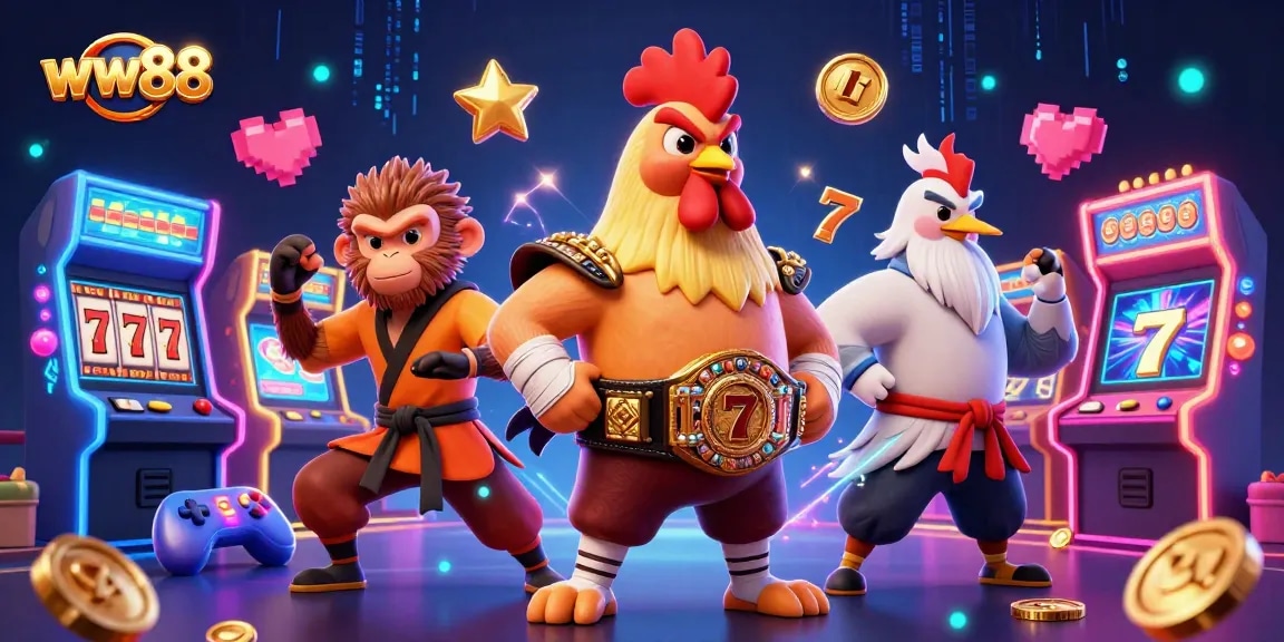 Action-packed scene showcasing ww88 with a fierce Muay Thai rooster, Shaolin monkey, and wise crane in a vibrant casino environment.