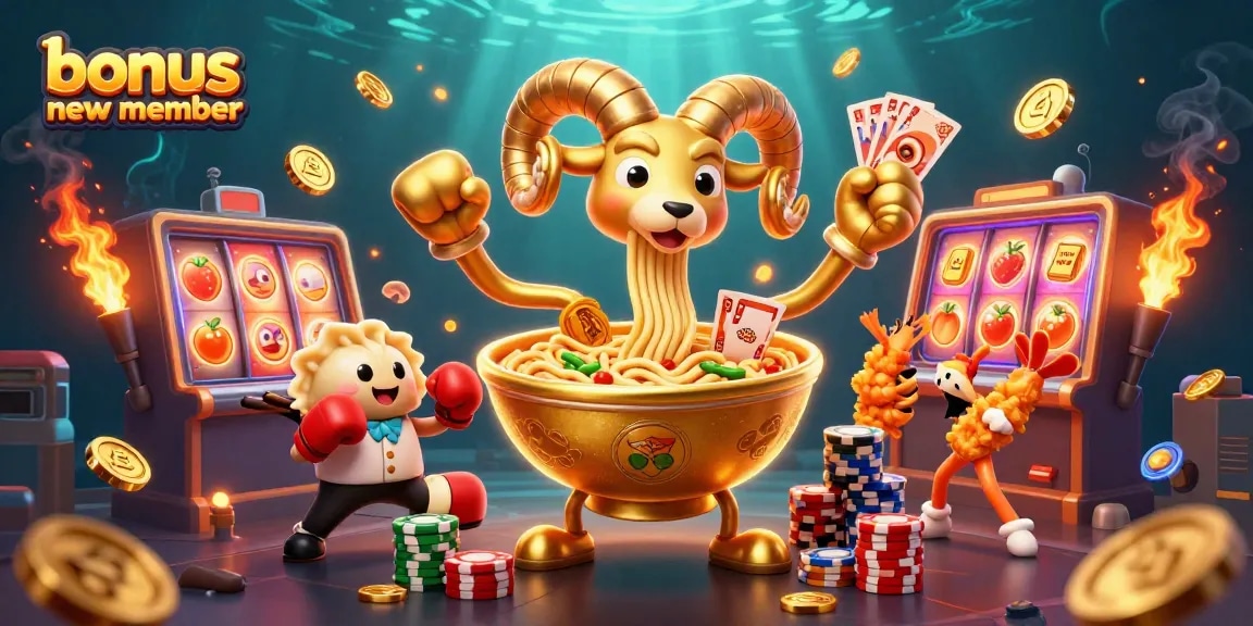 Bonus anggota baru menawarkan promo slot menarik dengan simbol buah dan karakter unik di latar belakang yang menggoda.