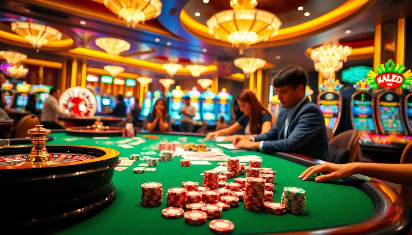 Experience thrilling gaming at Liên Minh KJC's prestigious casino tables with vibrant poker chips and roulette.