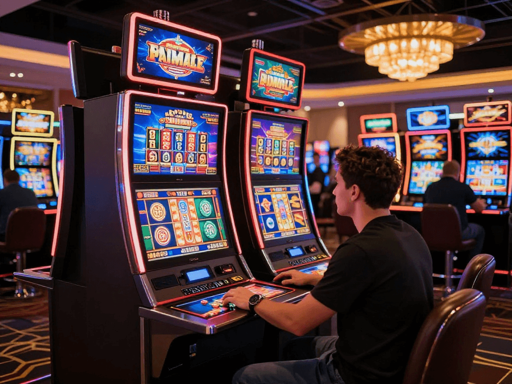Player engaged in a thrilling gaming experience at a casino not on gamstop, showcasing vibrant atmosphere and modern slot machines.