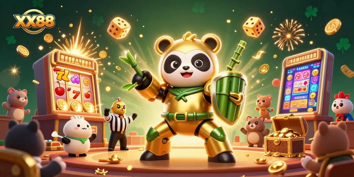 Experience the excitement of XX88 with a vibrant 3D illustration showcasing dynamic casino games and characters.