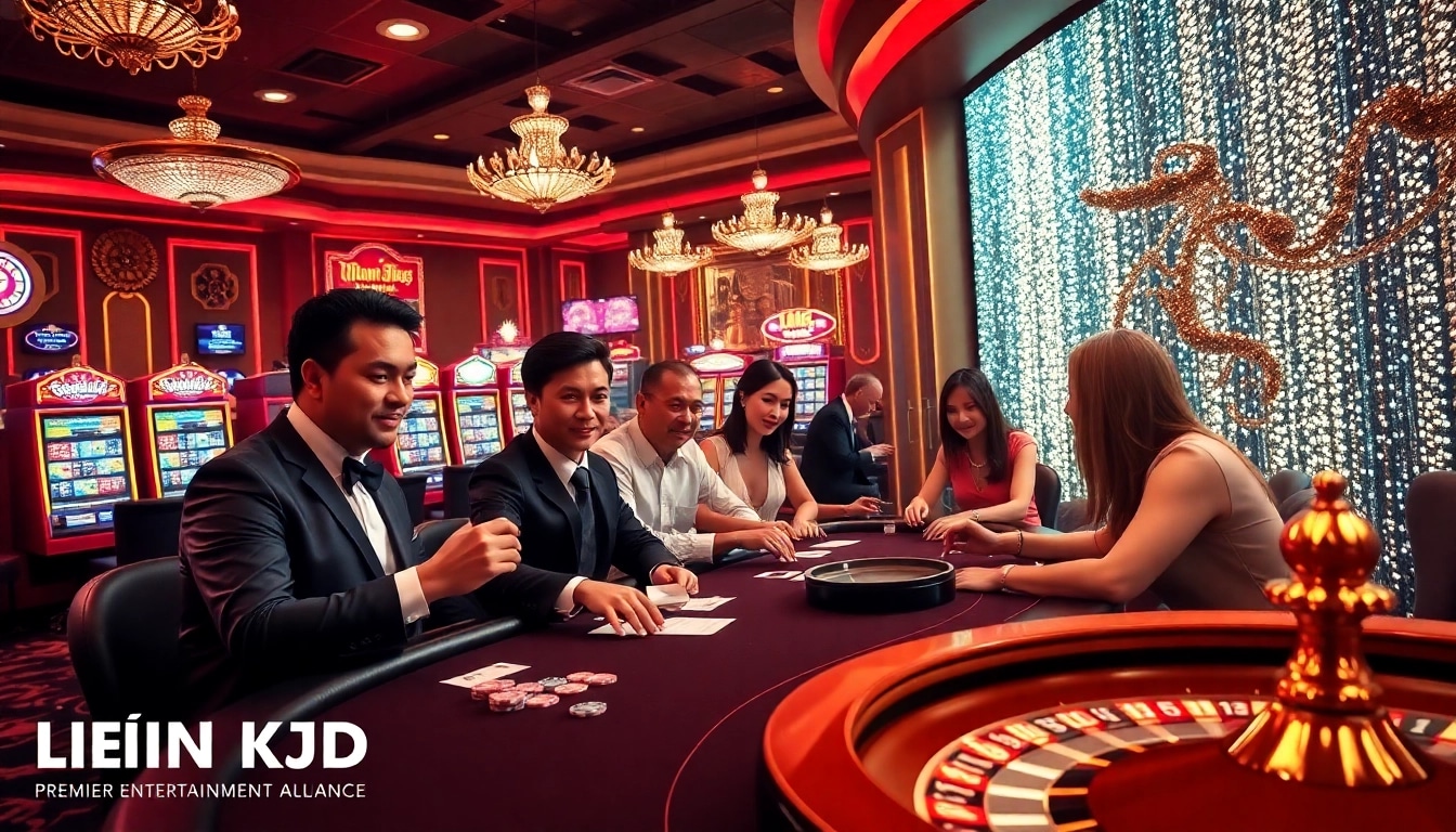 Exciting gambling scene at a poker table showcasing LIÊN MINH KJC with vibrant casino elements.
