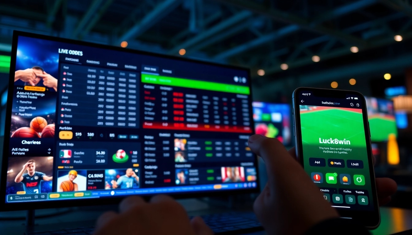 Interactive online betting experience at luck8win.live platform featuring various sports options and a mobile app.