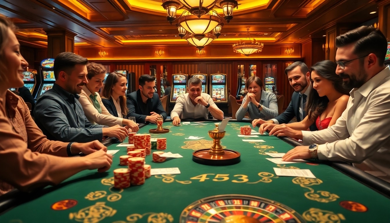 B52 gaming table filled with excited players engaging in card games, showcasing vibrant gambling activity.