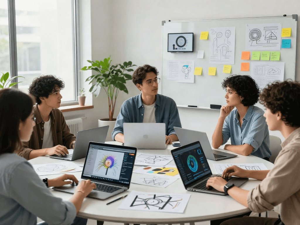 Creative team discussing AI NSFW projects in an innovative workspace.