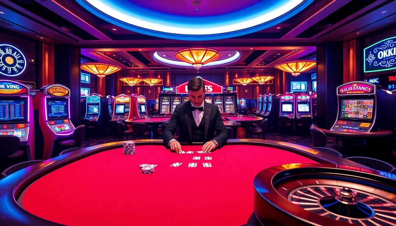 Play at OKKING casino featuring poker tables and thrilling game setups.