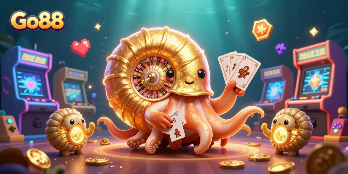 Engage with Go88's thrilling gaming experience featuring an ancient nautilus roulette wheel and vibrant arcade elements.
