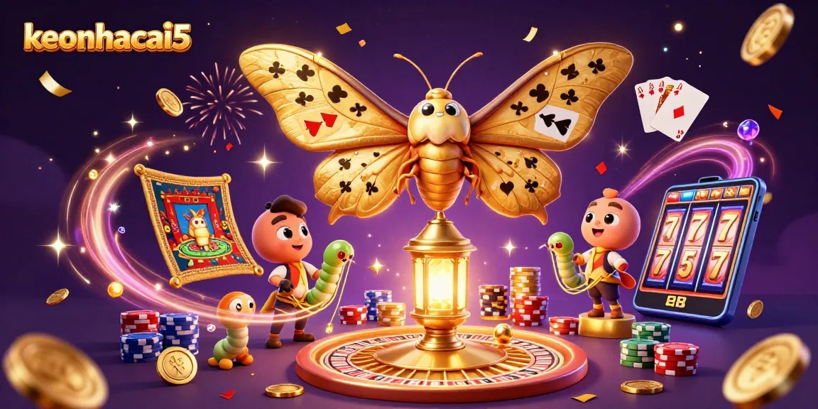 Experience the thrill of keonhacai5 with vivid casino scenes, golden moths, and dynamic gaming elements.