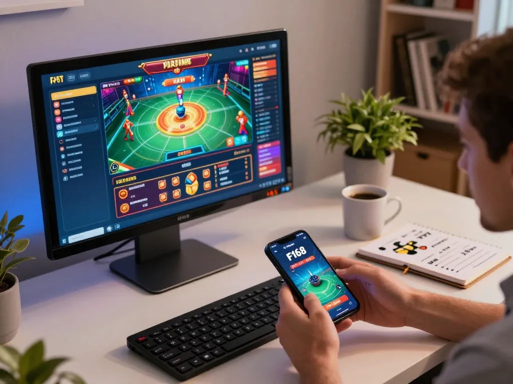 F168 player engaged in online casino gaming with vibrant app on smartphone at home.