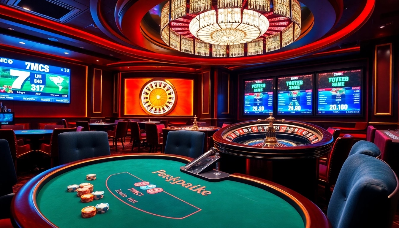 Players engaging in high-stakes gambling at a vibrant 7mcn-themed casino.