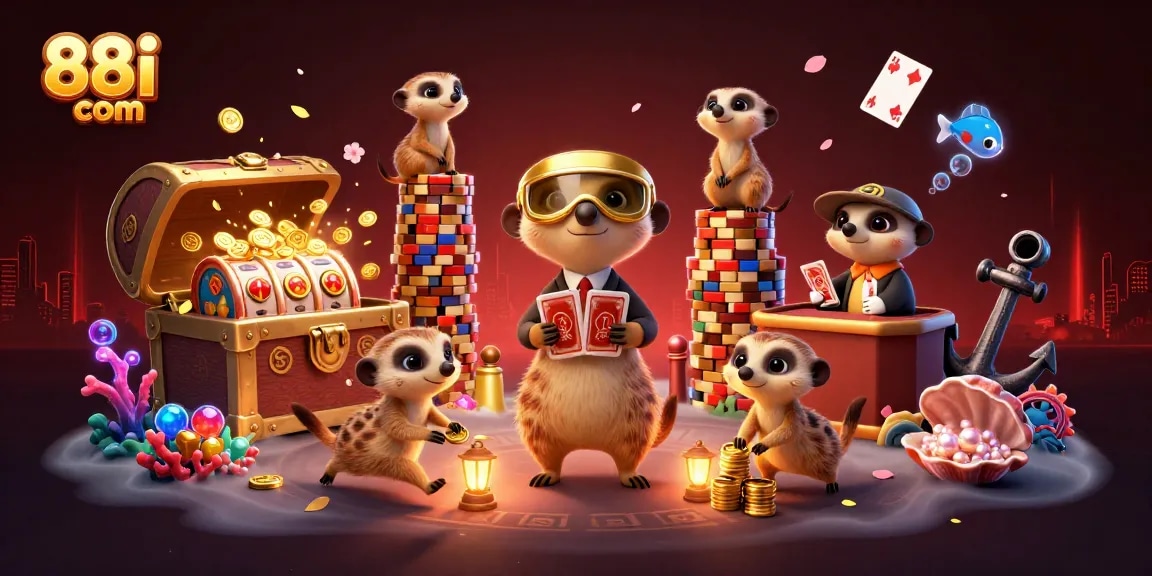 Experience thrilling gameplay at 88i com with meerkats engaging in a vibrant casino atmosphere.