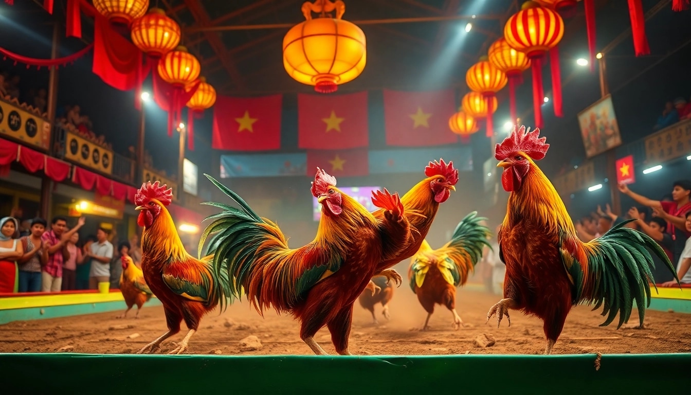 Live cockfighting at sv368win.live showcasing intense roosters in action surrounded by enthusiastic spectators.