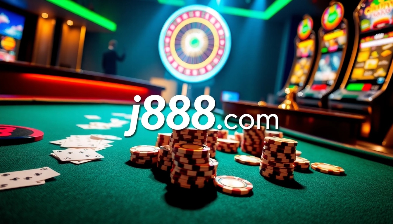 Players enjoying various games and casino experiences at j888 com, featuring vibrant tables and slot machines.
