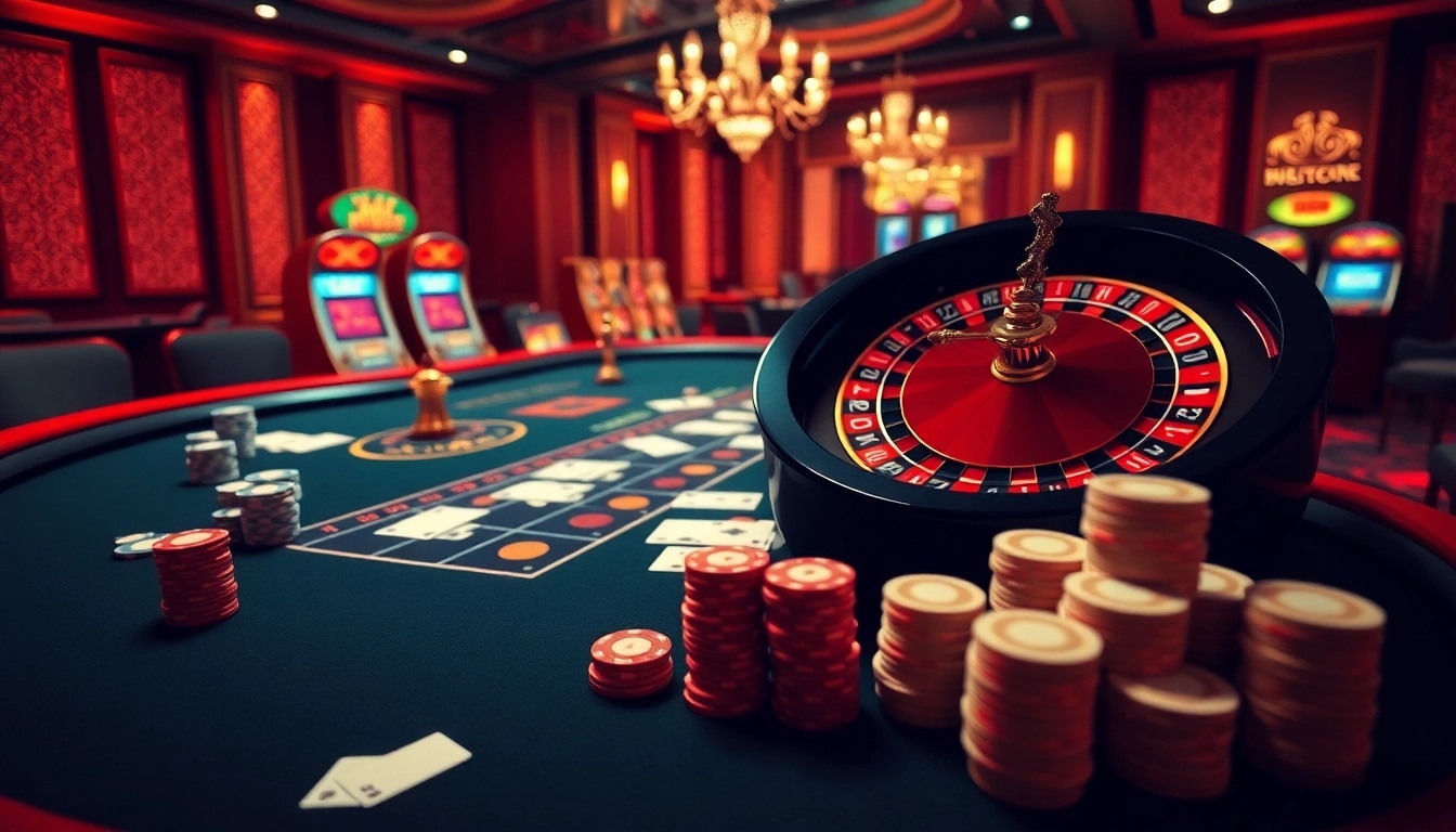 Join the excitement of betting at https://kg88.work/ with a vibrant casino atmosphere featuring roulette wheels and poker chips.