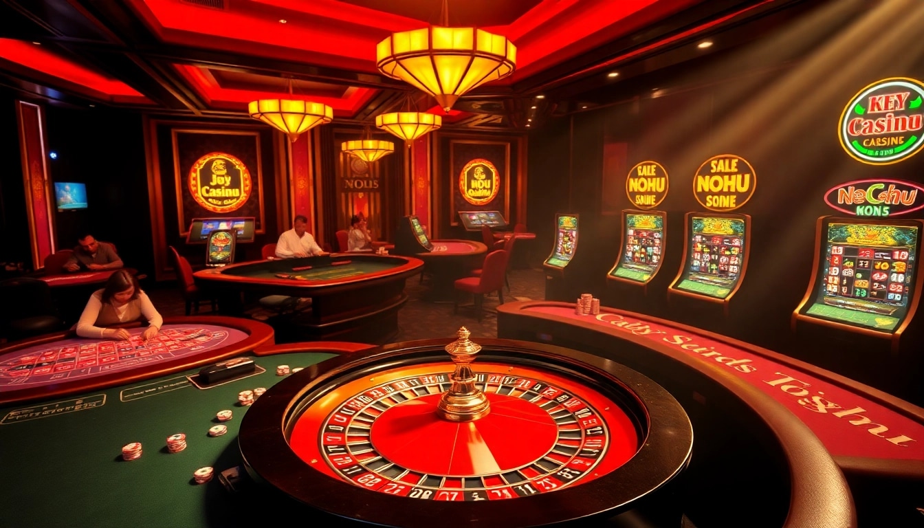 Nohu-themed exciting casino scene with players, roulette wheel, and vibrant slot machines.