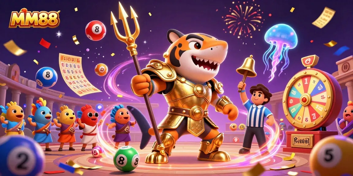 Engage in thrilling MM88 action with a vibrant underwater casino scene featuring a golden shark and lottery elements.