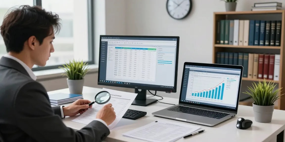 Forensic auditing work at aafikotasurabaya.org, showcasing a detailed analysis of financial documents in a professional workspace.