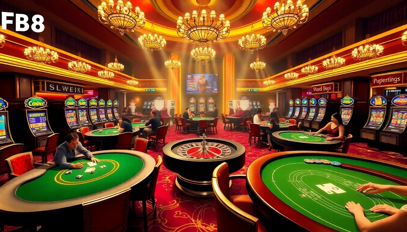 Experience thrilling action at FB88 casino with vibrant gaming tables and luxurious decor.
